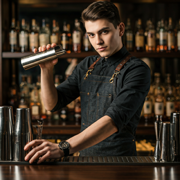 A bartender shaking a cocktail behind the bar during a private event setup.